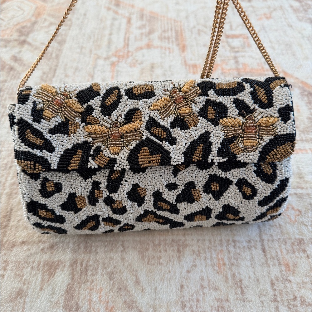 Chic Beaded Clutch with Gold and Black Bee Pattern